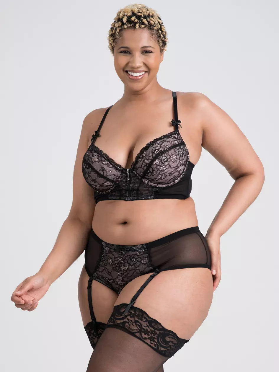 Plus Size Entice Me Black Lace Crotchless Bra Set