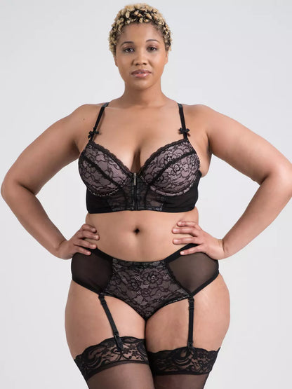 Plus Size Entice Me Black Lace Crotchless Bra Set