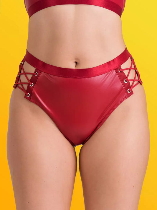 Lovehoney Fierce Leather Look Lace-Up Open-Back Crotchless Red Knickers