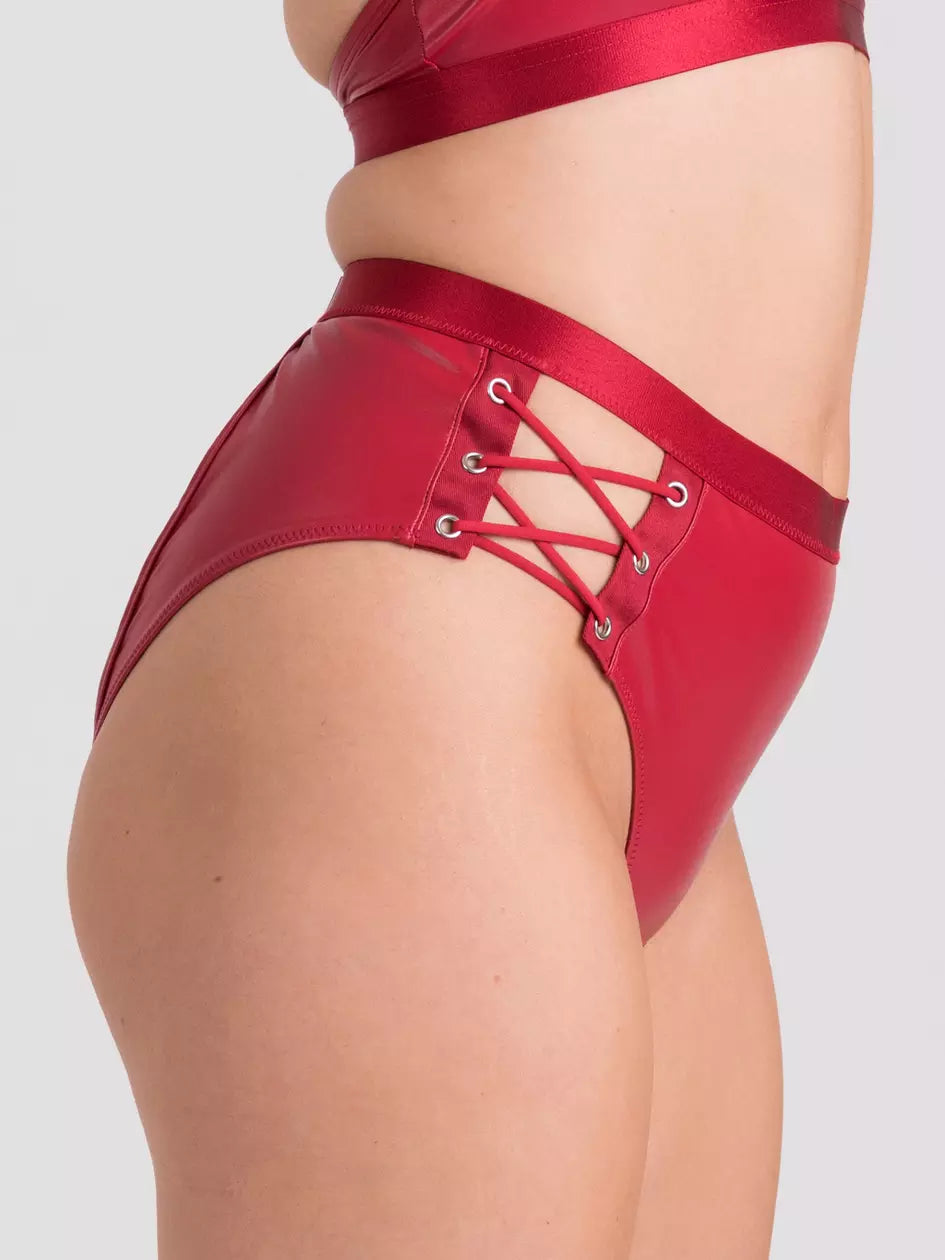 Lovehoney Fierce Leather Look Lace-Up Open-Back Crotchless Red Knickers