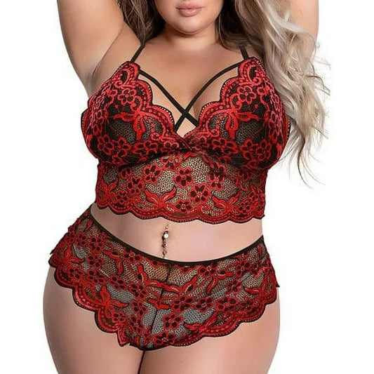 Plus Size Lingerie Set for Women， Sexy Cross Strappy Lace Up Bra Lace+High Waisted Underwear Panty