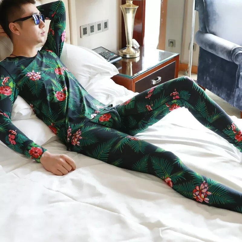 Men's Long Johns Thermal Underwear Flower Print Cotton Undershirts Underpants