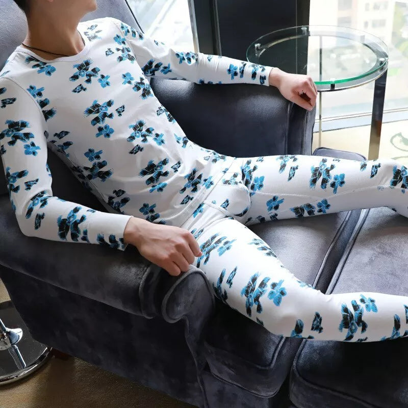 Men's Long Johns Thermal Underwear Flower Print Cotton Undershirts Underpants