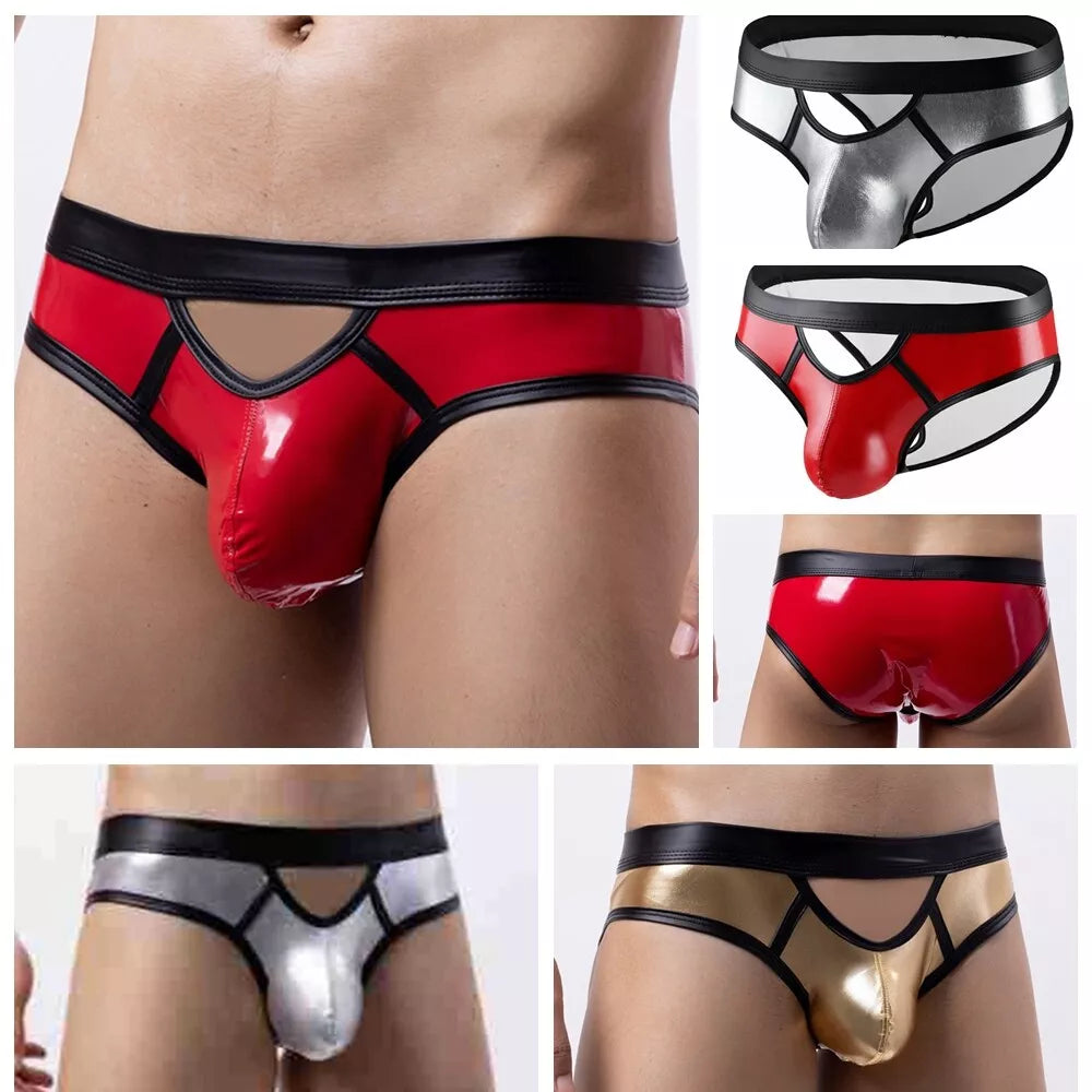 Pack of 3 Men'S Shiny Metallic Underwear PVC Leather Thongs Bulge Pouch Panties Swimsuit