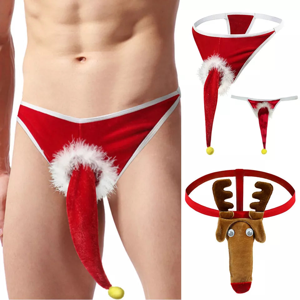 2 Men Christmas Underwear Funny Bikini Briefs Bulge Pouch G-String Thong Lingerie